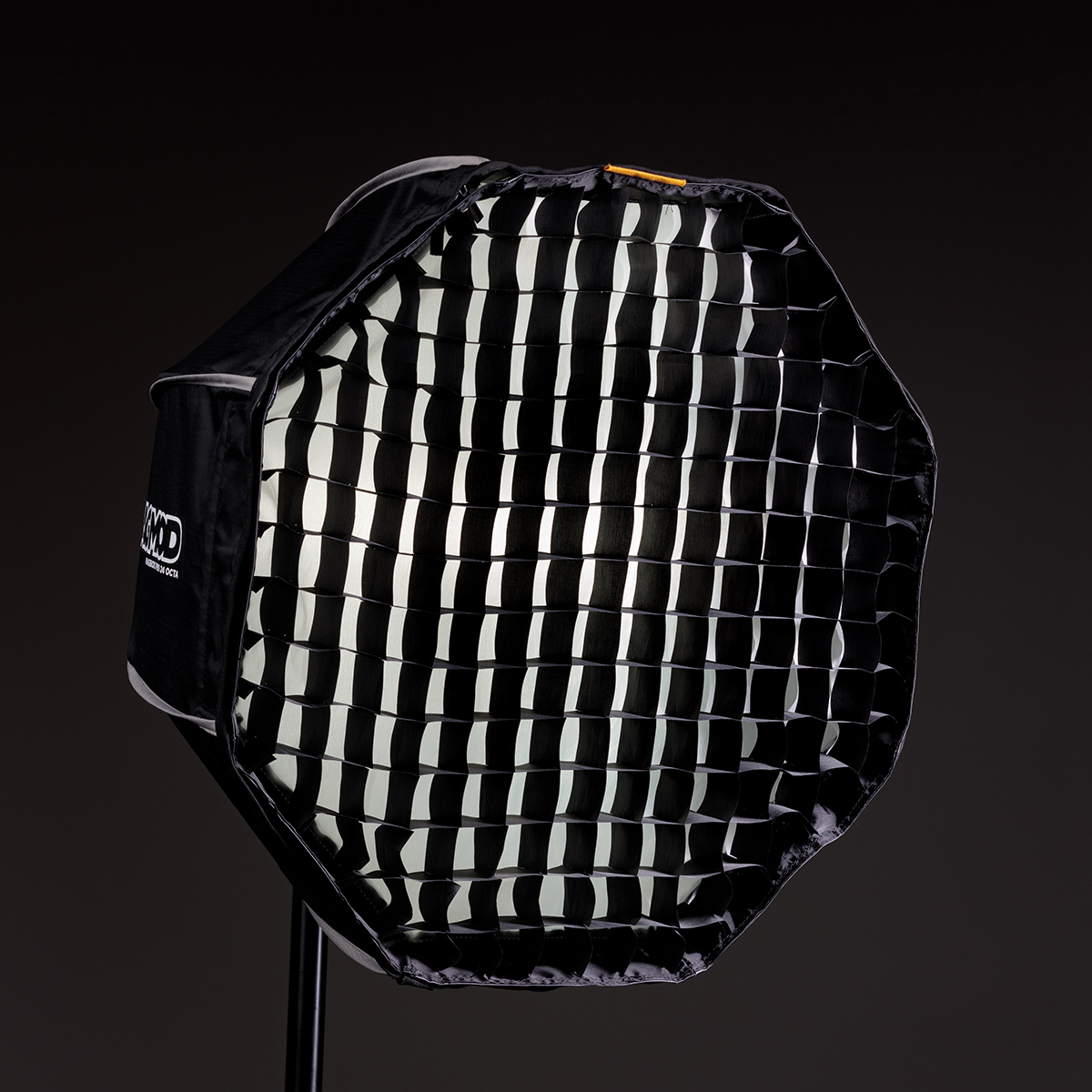 MagMod Magbox Pro 24 Octa Grid, musta kahdeksankulmainen softbox, jossa on ritilädiffuusori, on asennettu jalustalle tummaa taustaa vasten ammattimaiseen studiovalaistukseen.
