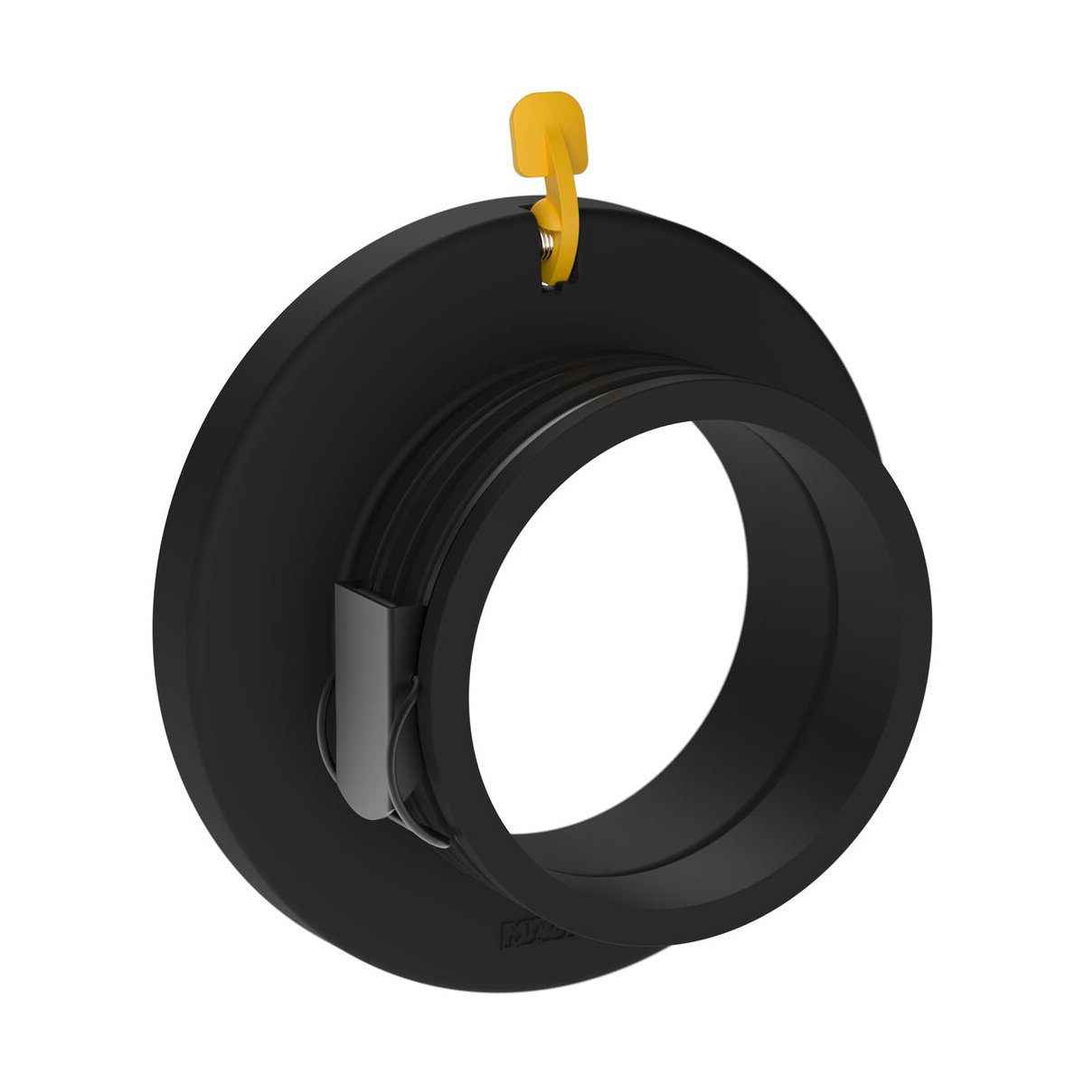 MagMod Speedring Pro Profotolle on musta, pyöreä putkiliitin, jossa on suuri laippa ja ulkoneva sylinterimäinen osa, jonka päällä on pieni keltainen vipumainen kahva helppoa mekanismia tai säätöä varten.