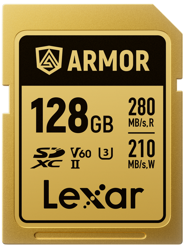 Lexar SDXC ARMOR Gold UHS-II IP68 R280/W210 128GB -muistikortti, jonka etupuolella on V60- ja U3-nopeusluokkasymbolit, tarjoaa 128GB kapasiteetin, 280 MB/s luku- ja 210 MB/s kirjoitusnopeuden.