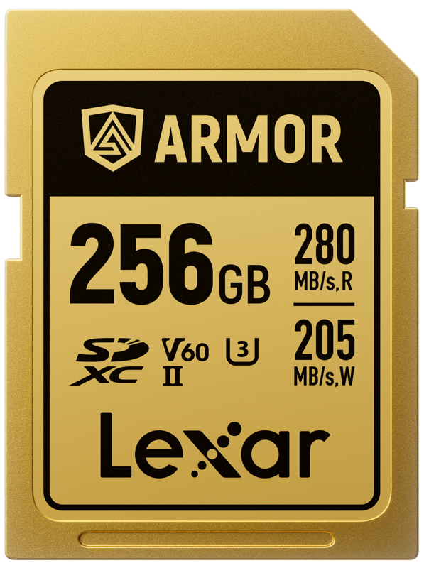 Lexar SDXC ARMOR Gold UHS-II IP68 256 Gt:n muistikortti, jossa on 280 MB/s luku- ja 210 MB/s kirjoitusnopeus, V60- ja U3-luokitus.