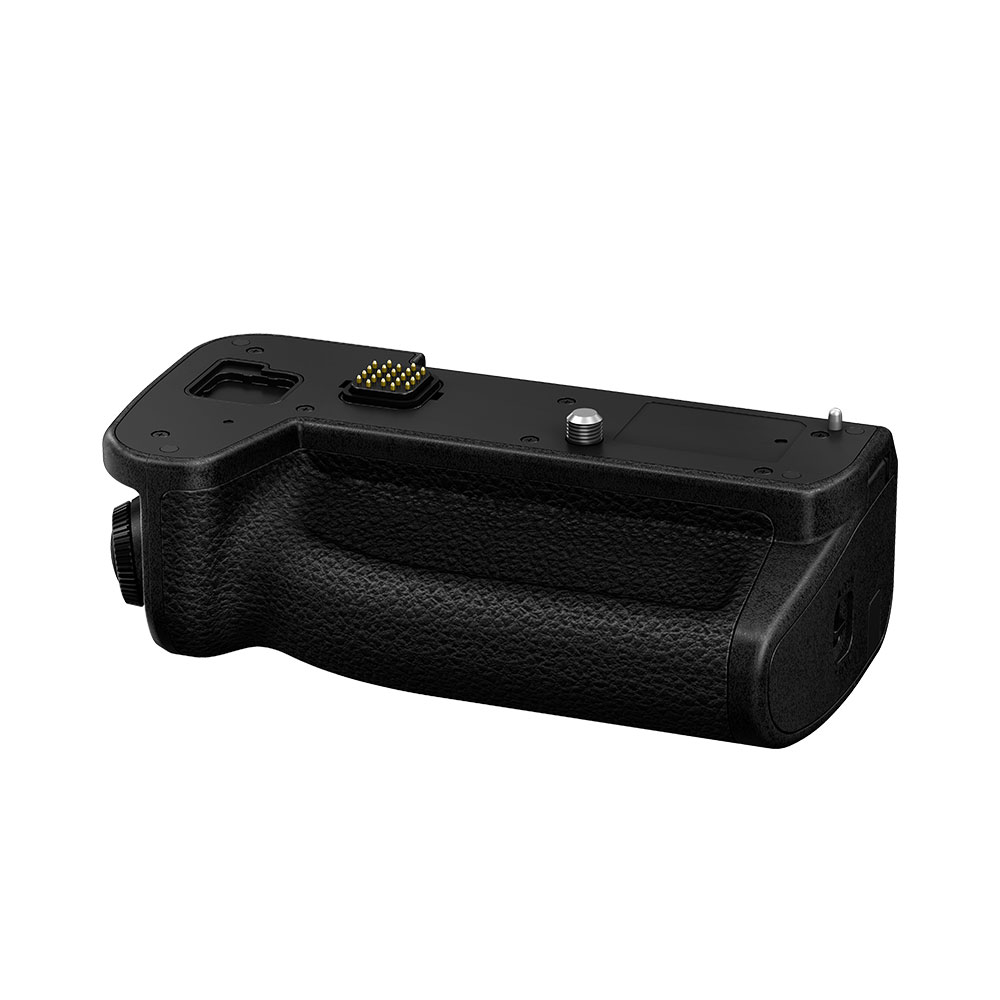 The Panasonic DMW-BG2E Battery Grip S1R II is a black battery grip with a textured surface, electronic touch pins and a metal mounting screw designed to be securely attached to the base of the camera.