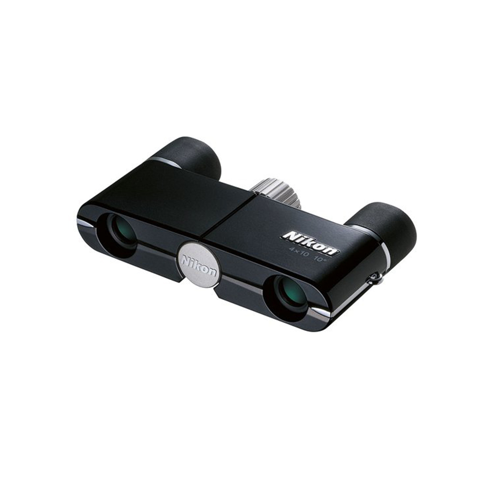 The Nikon 4X10 DCF Binocular, Black is a compact black binocular with a modern design, two eyepieces, a central focus knob and the Nikon logo on the top. They appear against a white background.