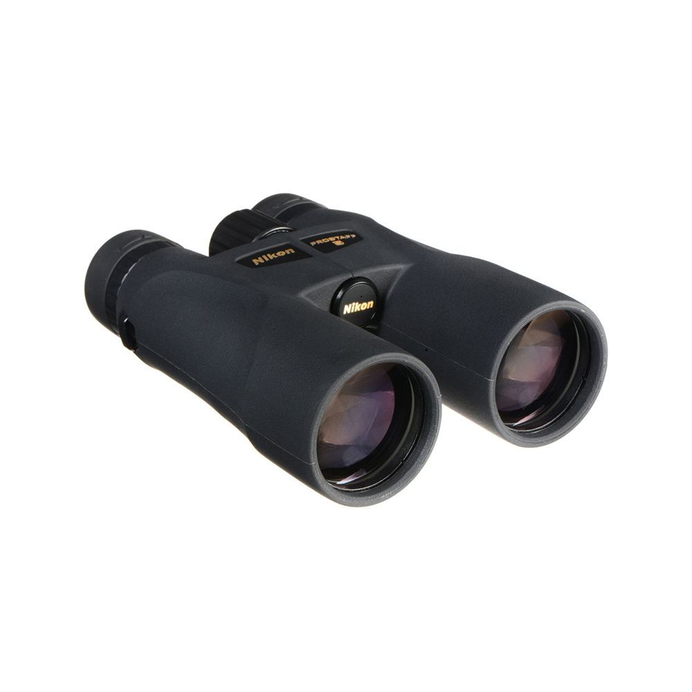 Nikon Prostaff 5 10x50 binoculars, black and tilted to the right, highlighting the large objectives and the central focusing wheel on a white background.