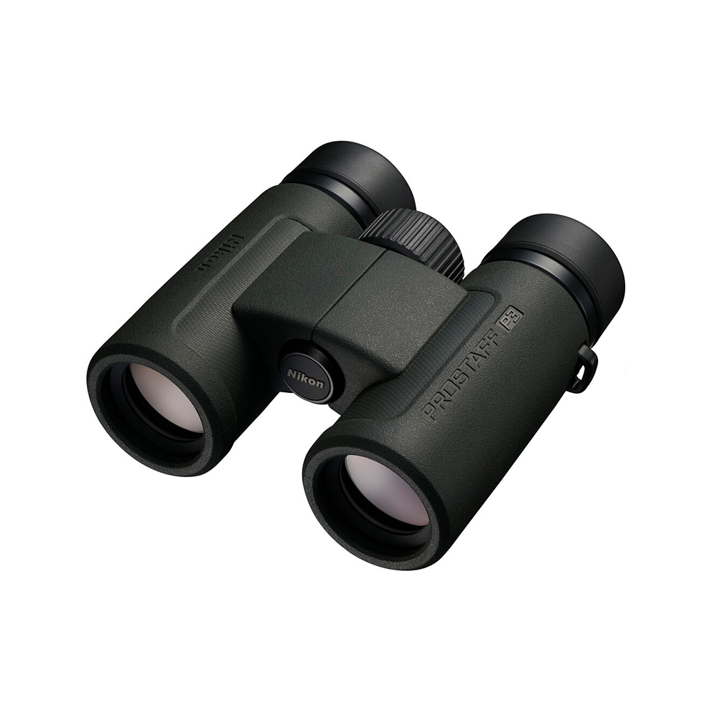 Black Nikon Prostaff P3 8x30 binoculars with textured handles, two eyepieces and a central focusing wheel on a white background.