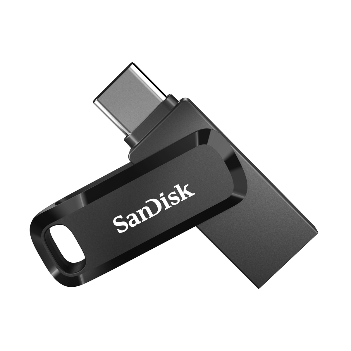 The black SanDisk Ultra Dual Drive Go 128GB USB Type C flash drive with a flip-top lid revealing the USB-C connector features a white SanDisk logo on the lid and is illustrated against a white background.