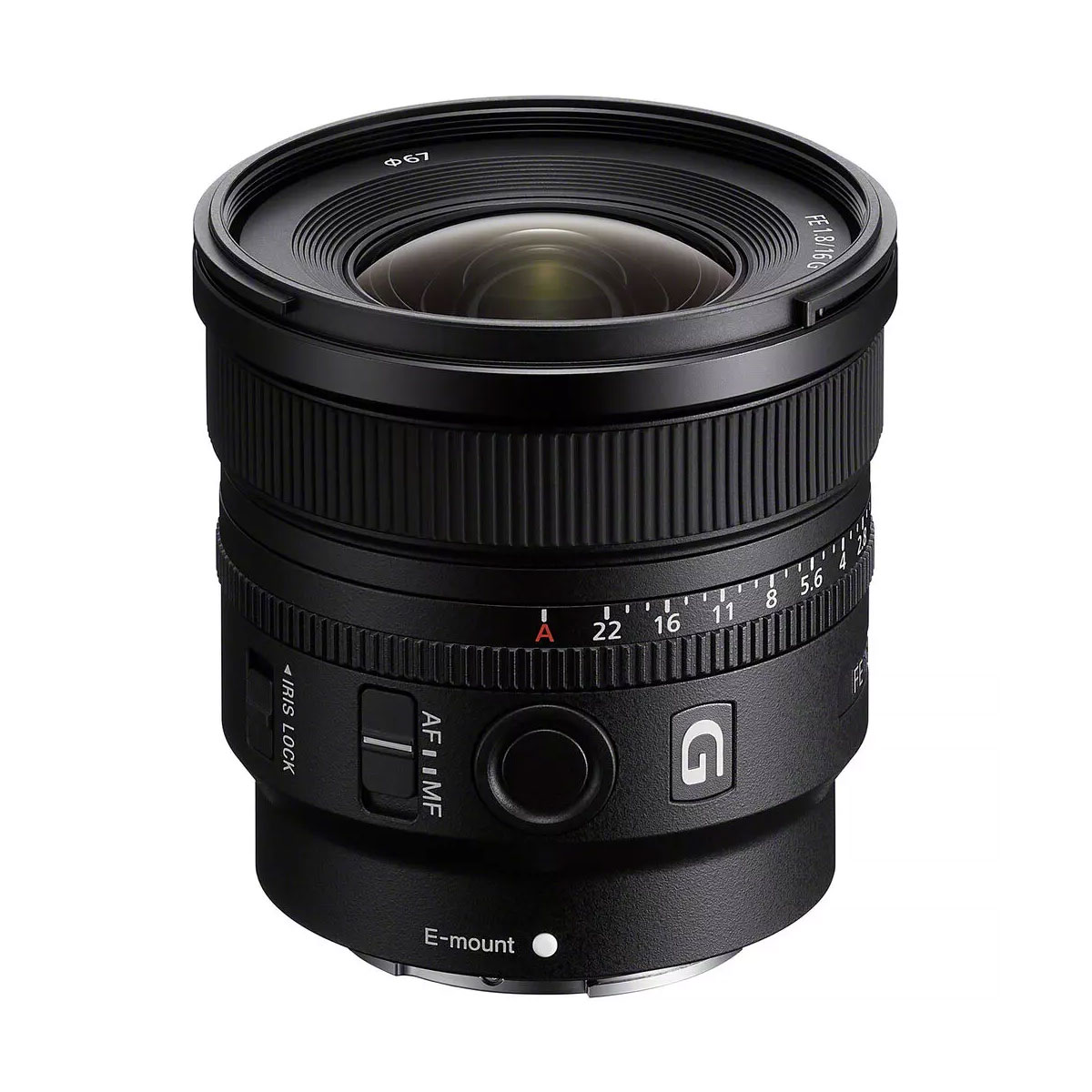 The black Sony FE 16mm f/1.8 G lens features multiple adjustment rings, a bold G logo and E-mount marking that appear against a white background.