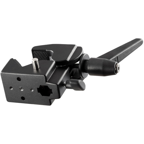 Godox LSA-03 Nano Clamp -puristin on musta metallinen kiinnitin, jossa on säädettävät nupit ja vipukahva ja joka on suunniteltu laitteiden, kuten valaisimien tai kameroiden, turvalliseen kiinnittämiseen tai tarttumiseen.
