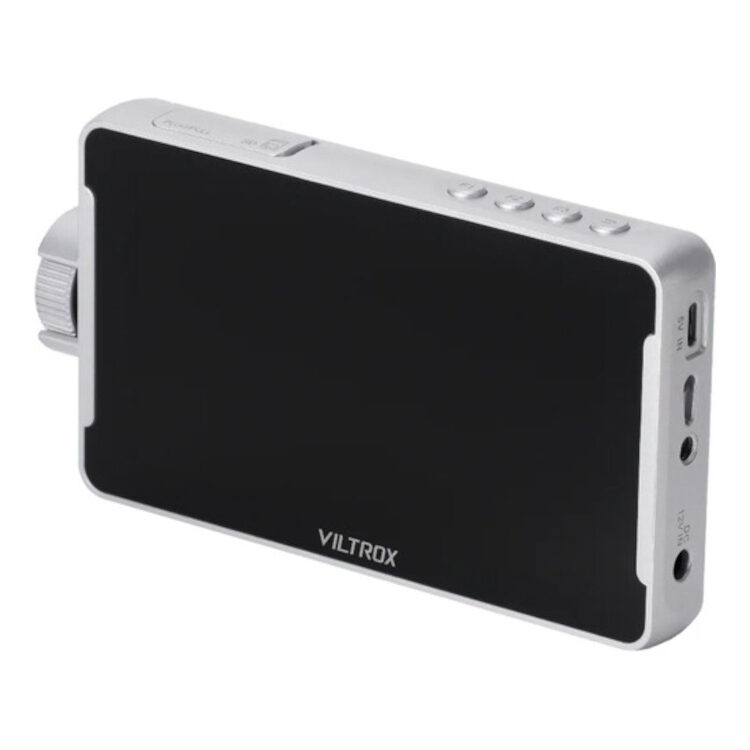 The Viltrox DC V1 5.5" touchscreen display features a large black screen, silver edges, top buttons, side ports and a dial that is angled to highlight the design and controls.