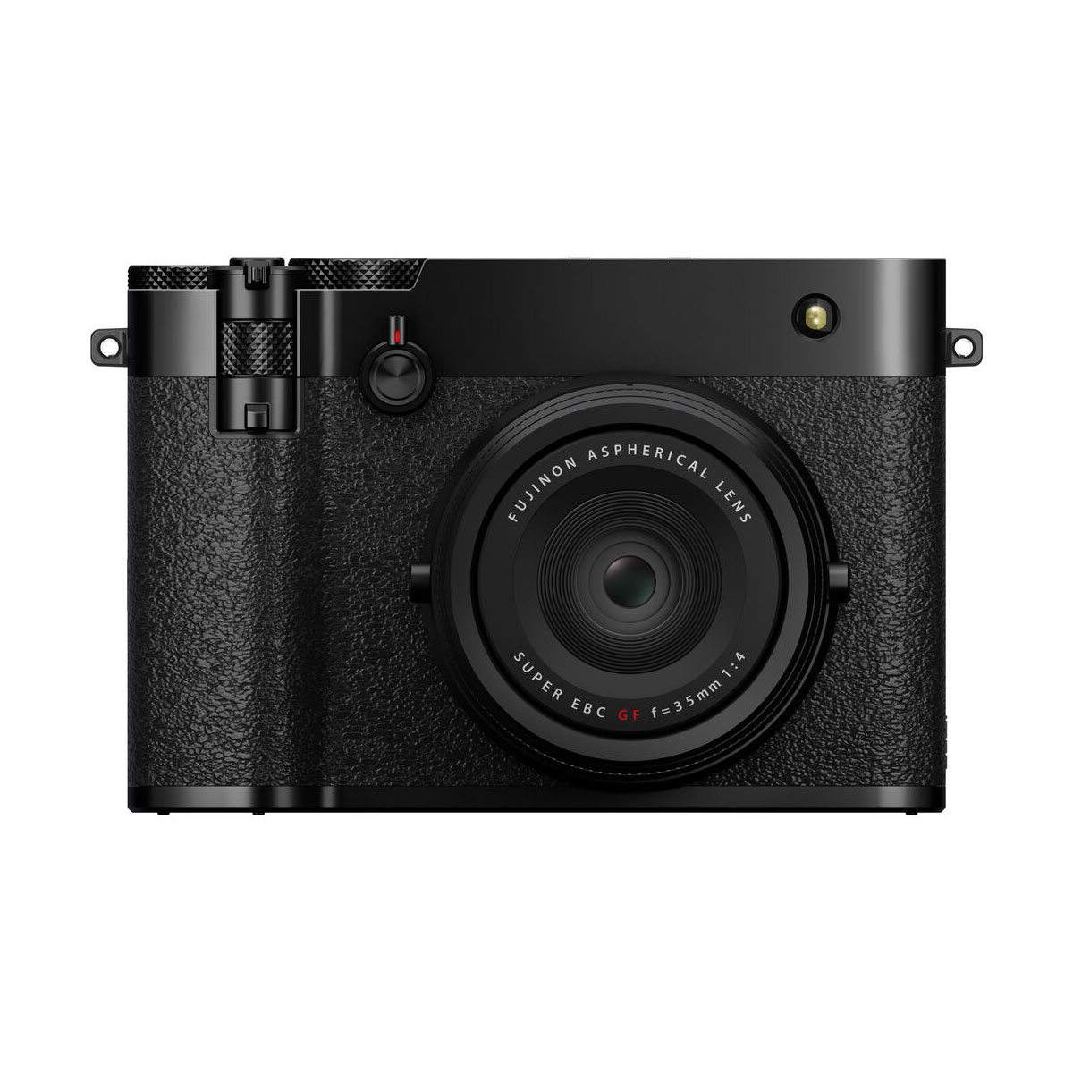 Front view of the Fujifilm GFX 100RF compact camera, black, showing its stylish black body, textured grip, large central lens and minimal external buttons, all shot against a white background.