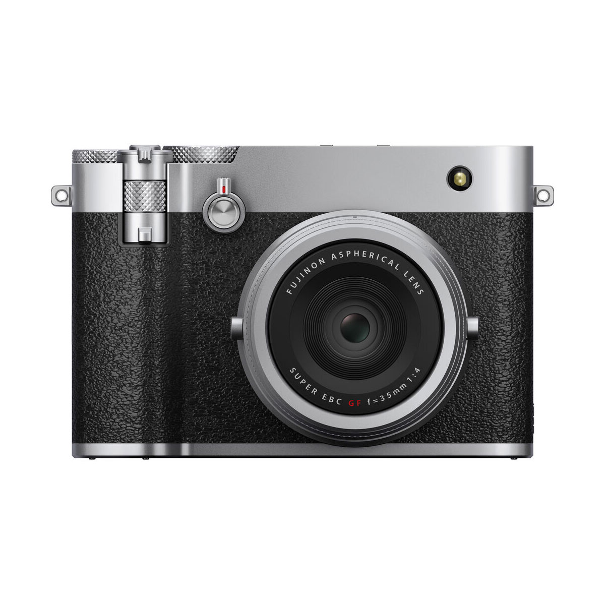 Fujifilm GFX 100RF compact camera, silver, shown with front silver and black design, textured grip, viewfinder, and visible Fujino aspherical lens in the centre.