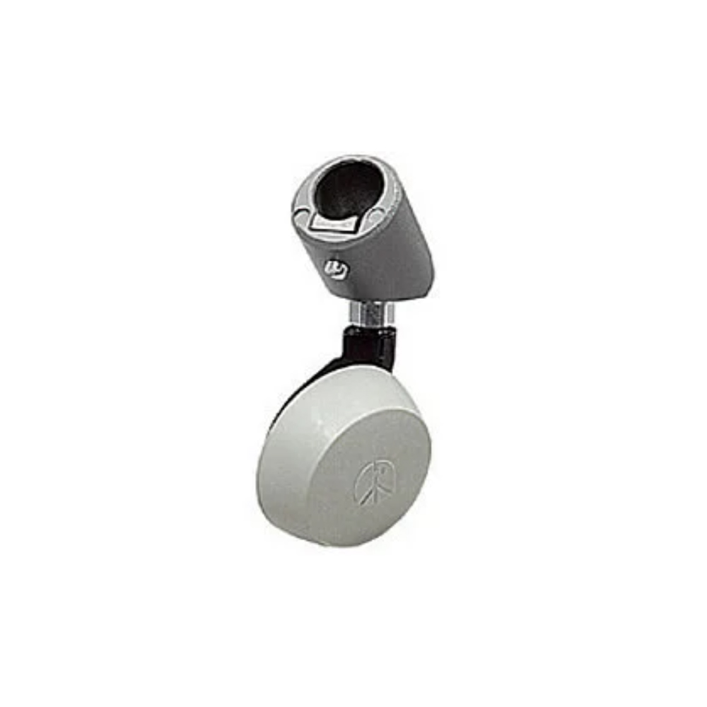 Manfrotto 017 19mm Tripod Wheels Single grey tripod wheel with cylindrical mounting bracket and circular cover with subtle logo on white background.