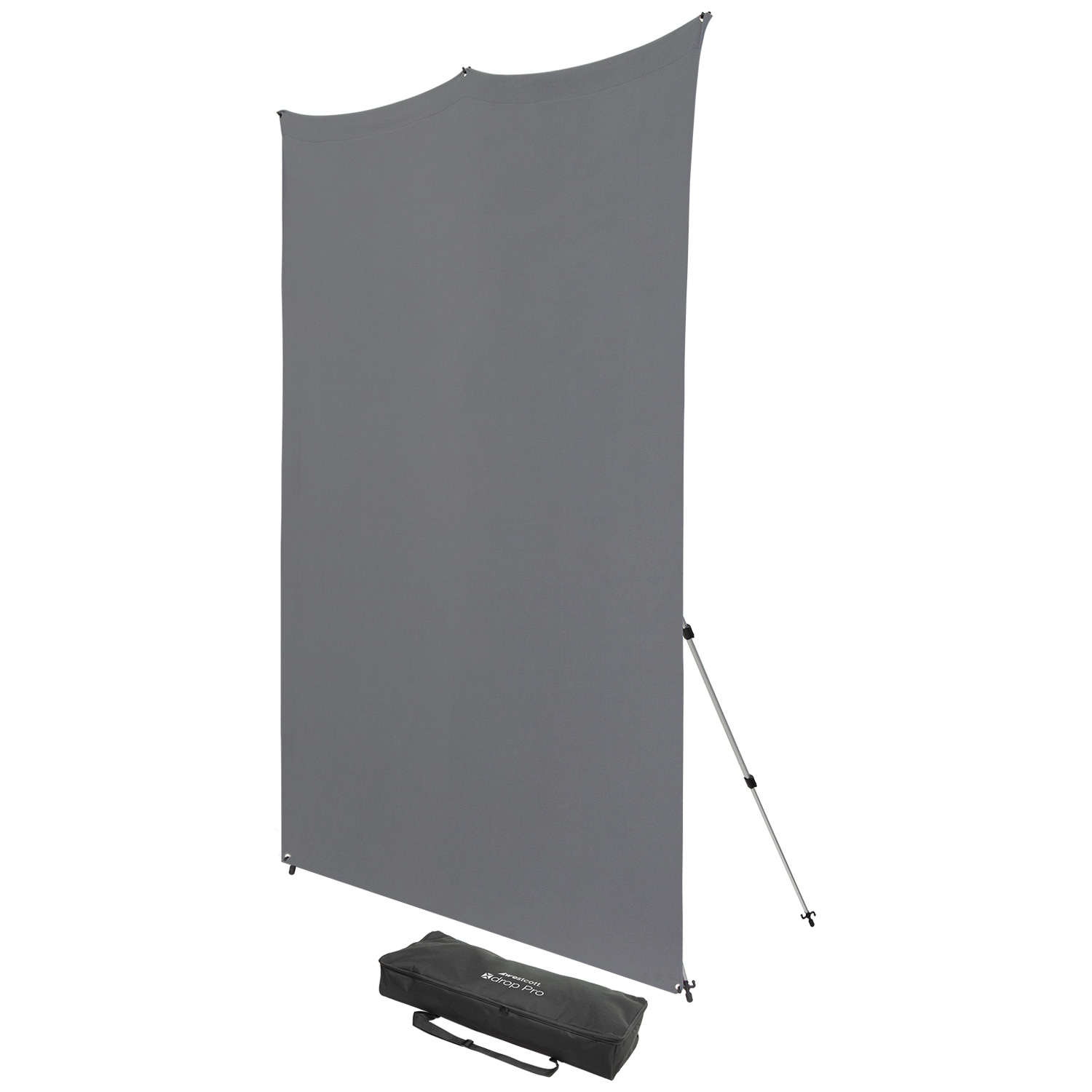 Westcott X Drop Pro Wrinkle-Resistant Backdrop Kit, neutraali harmaa (243 x 243 cm) on kannettava, vapaasti seisova tausta, jossa on kaksi tukipylvästä ja joka sisältää mustan kantolaukun.