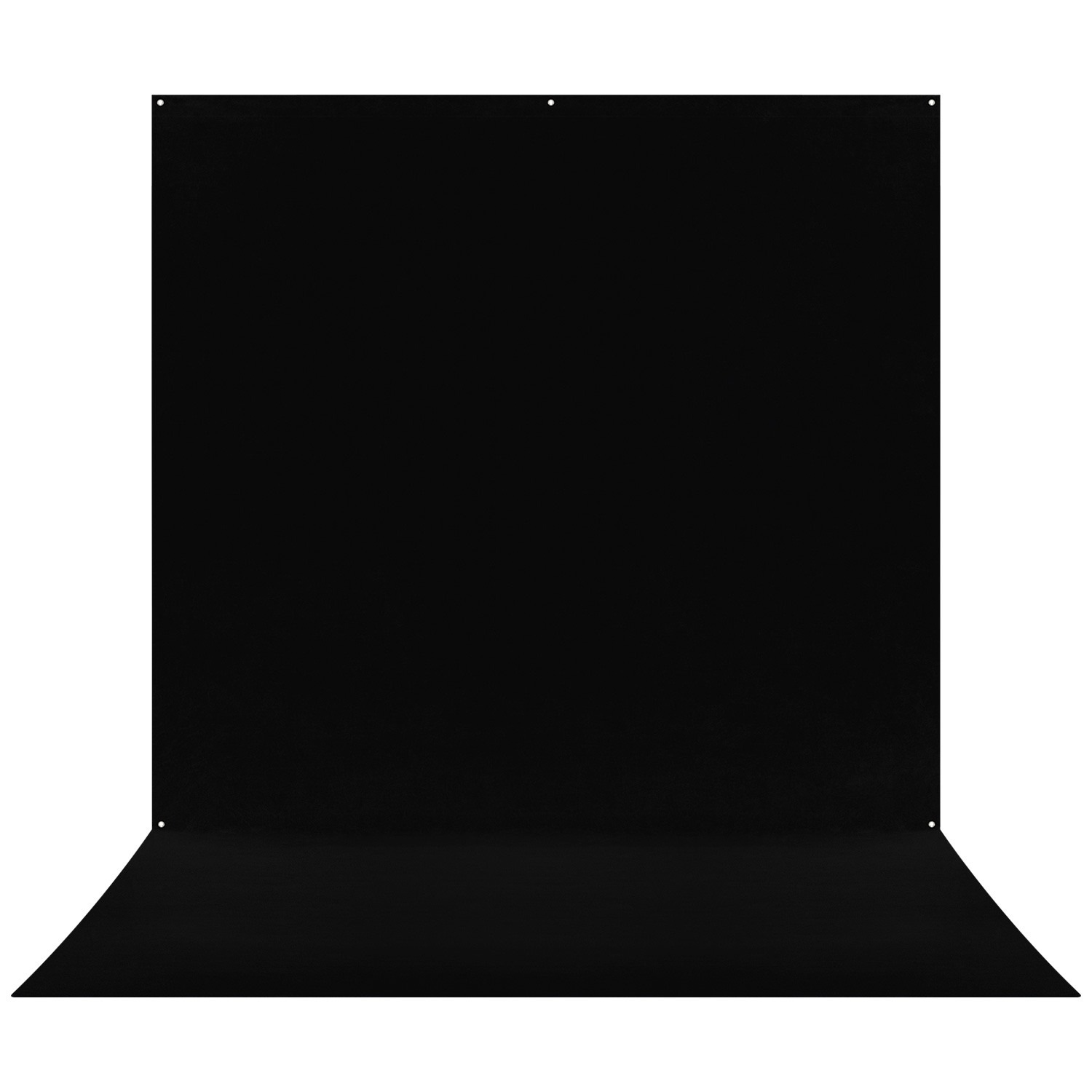Westcott X Drop Pro Wrinkle-Resistant Backdrop - Rich Black Sweep (2,4 x 4 m) -taustakalvolla on saumaton virtaus pystysuorasta lattialle, ja sen ylä- ja sivussa on pienet kiinnitysreiät helppoa asennusta varten.