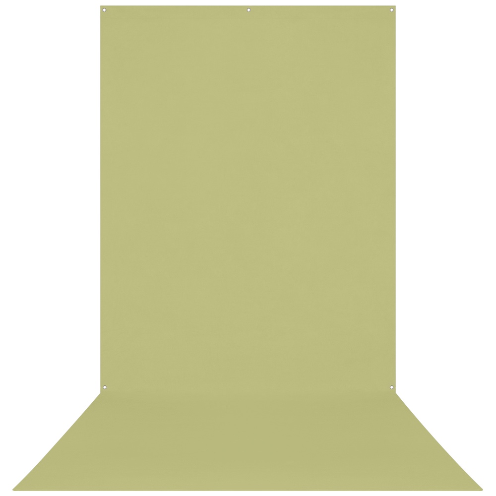 Westcott X Drop Wrinkle Resistant Backdrop in Moss Green Sweep (152 x 366 cm) -taustakuvassa on yksinkertainen L-muotoinen malli, joka sopii valokuva- tai videokuvauksiin, ja yläreunassa on pienet reiät helppoa ripustamista varten.