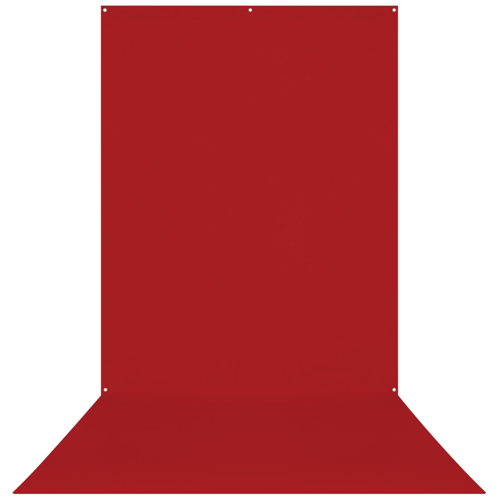 Westcott X Drop Wrinkle Resistant Backdrop - Rood Sweep (152 x 366 cm) on punainen, saumaton tausta, jonka yläosassa on kolme kiinnitysreikää ja joka on suunniteltu ulottumaan pystysuoraan seinälle ja vaakasuoraan lattialle.