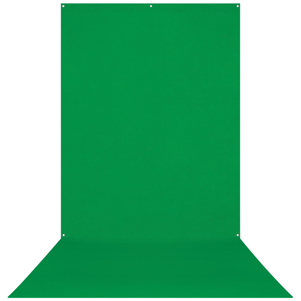 Westcott X Drop Wrinkle Resistant Backdrop - Green Screen Sweep (152 x 366 cm) on saumaton vihreä tausta, jossa on kolme pientä reikää yläreunassa, ihanteellinen valokuvaukseen tai videotuotantoon green screeniksi.