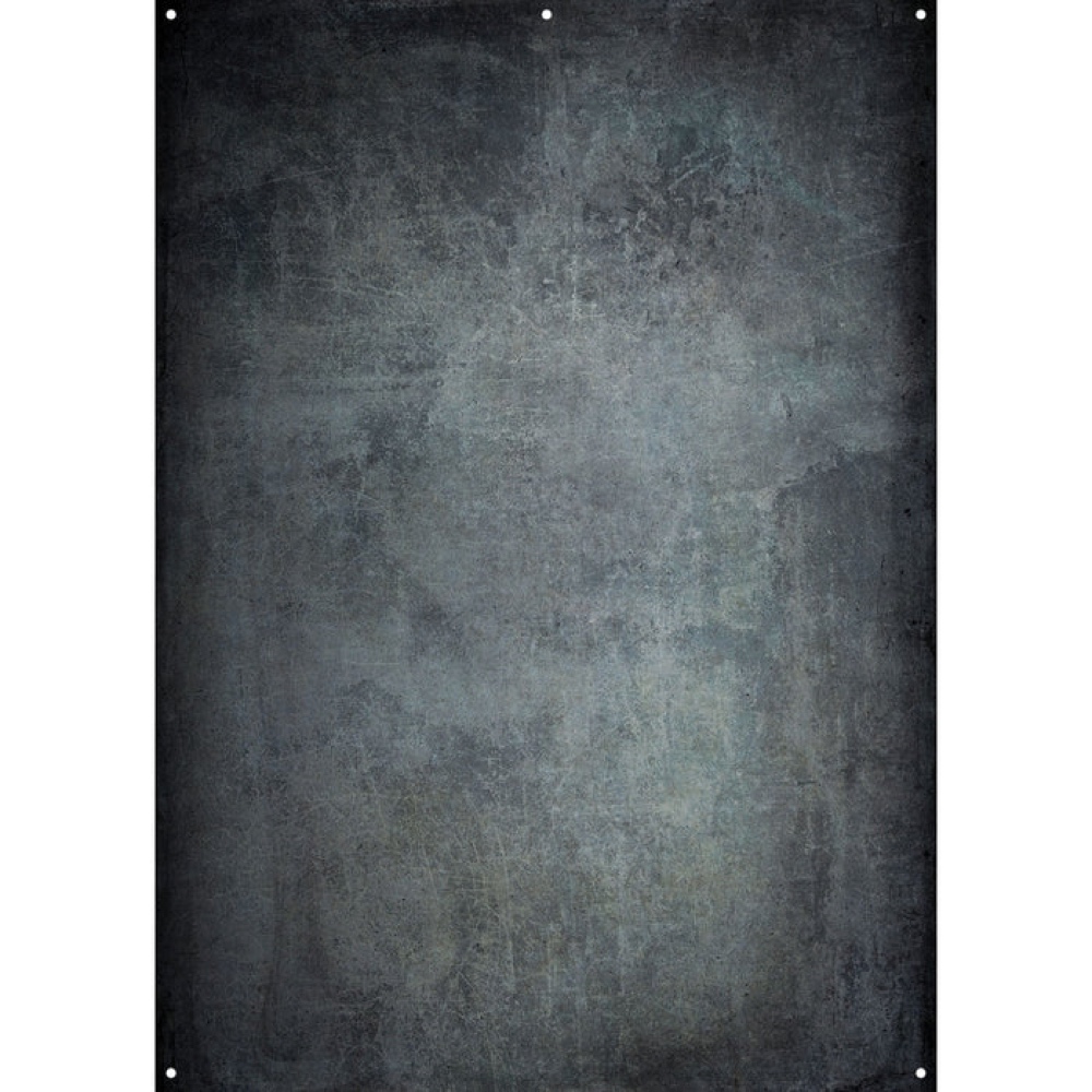 Joel Grimes' Westcott X Drop Stoffen Achtergrond - Grunge Concrete (152 x 213 cm) has a textured, dark grey and black surface with subtle scratches, weathered patches and small corner holes for fixing, giving it a worn industrial look.