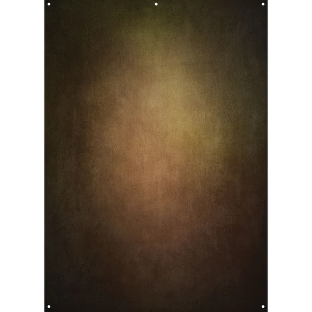 Joel Grimes' Westcott X Drop Stoffen Achtergrond - Warm Painterly (152 x 213 cm) features a brown and yellow pattern with a vignette effect, four corners and a dark, softly faded background.