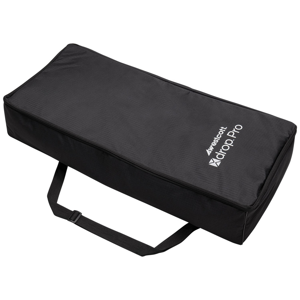 Black, rectangular carrying case with handle and "Westcott X Drop Pro 3 Pack Backdrop Case" printed in white on the top.
