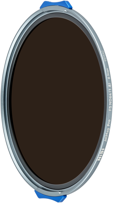 Circular dark camera lens filter with metal edge and two blue tabs, labelled NiSi JetMag Pro 95 Filter FSND64 (1.8) 6stop.
