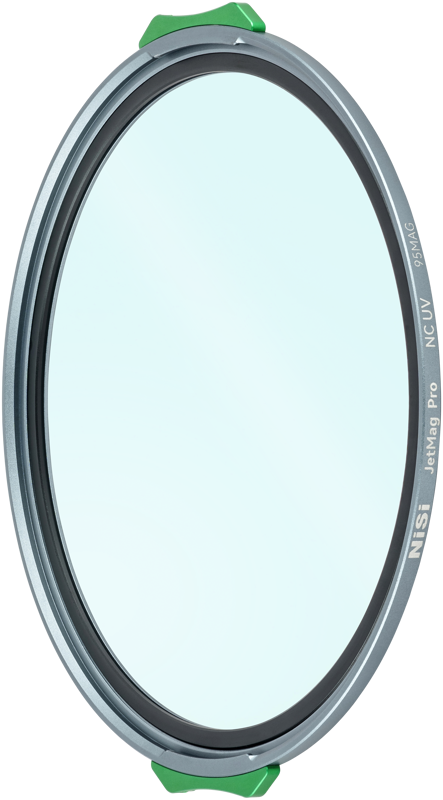 The circular camera lens filter, with a thin silver frame and green tabs and labelled NiSi JetMag Pro 95 Filter NC UV, is shown at an angle on a white background.