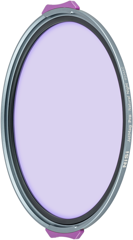 The NiSi JetMag Pro 95 Natural Night round photographic lens filter with a light purple tint has metallic grey and purple highlights around the edge.