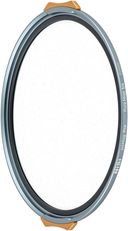 The NiSi JetMag Pro 95 Filter Pure Mist 1/4 has a round design with a metal frame, two gold tabs and a clear, subtly textured surface.