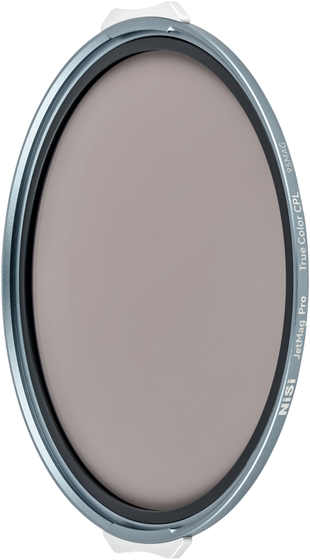 The NiSi JetMag Pro 95 Circular Polarizer True Color CPL filter has a metal edge and tinted, reflective glass that appears against a light background.
