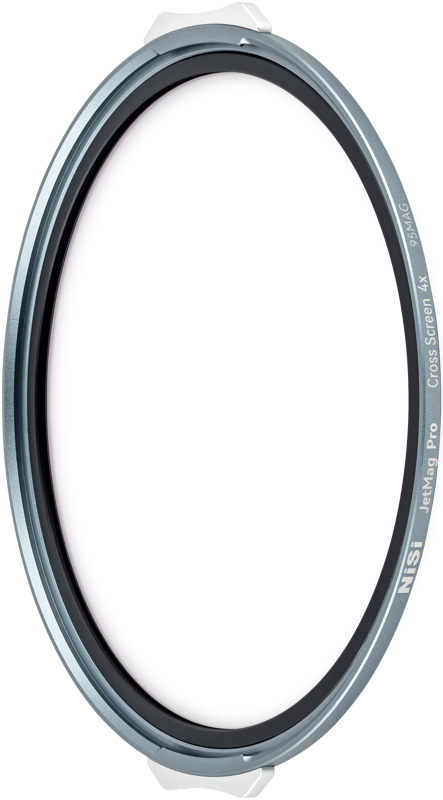 Close-up of a round, metallic NiSi JetMag Pro 95 filter cross screen 4x with the name engraved on the edge, against a white background.