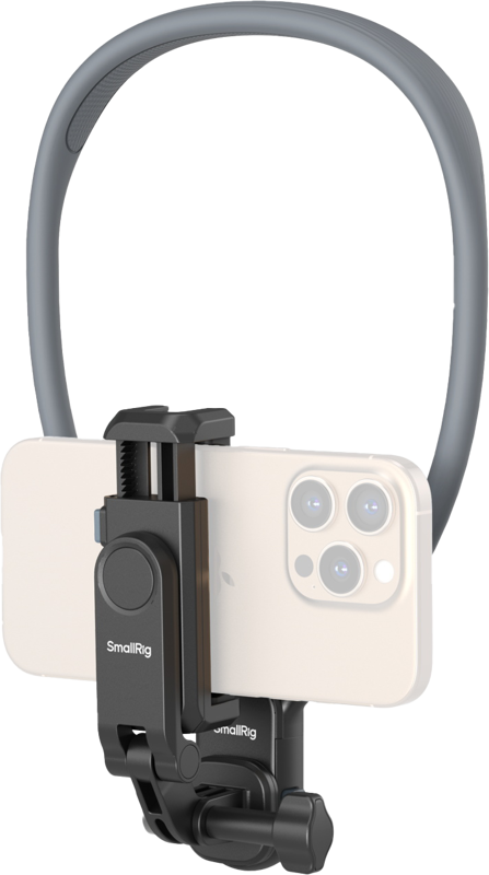 Älypuhelin on asennettu vaakasuoraan mustaan kiinnittimeen, joka on kiinnitetty SmallRig 5128 Quick Release Neck Support -joustavaan, pyöreään harmaaseen kaulapidikkeeseen.