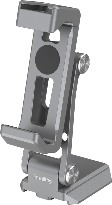 The SmallRig 5338 Phone Support for Arca-Standard is a grey, adjustable metal bracket with swivel joints, a sturdy base and a clamp to hold your smartphone firmly in place.