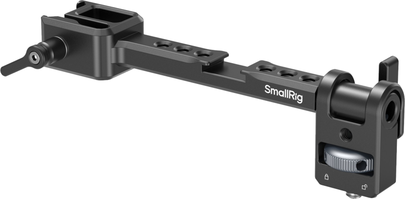 The SmallRig 5337 Monitor Mount for DJI RS Series is a black metal accessory with adjustable arms, mounting holes and locking mechanisms for mounting and supporting camera components or accessories.