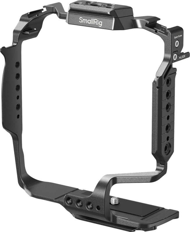 SmallRig 5147 Cage for Panasonic LUMIX S1R II / S5 II / S5 IIX / G9 II with Battery Grip is a black metal camera cage with multiple mounting points, a base plate and a top cold shoe mount for secure attachment of accessories.