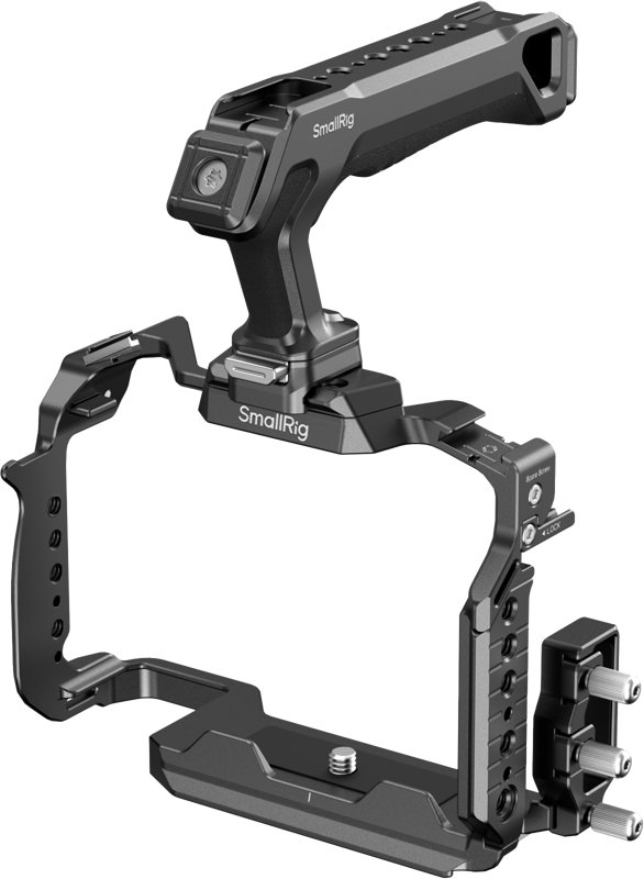 SmallRig 4903 Cage Kit Panasonic LUMIX S1R II:lle on musta häkki, jossa on irrotettava yläkahvan kahva ja useita kiinnityspisteitä ja paikkoja kameran lisävarusteille.