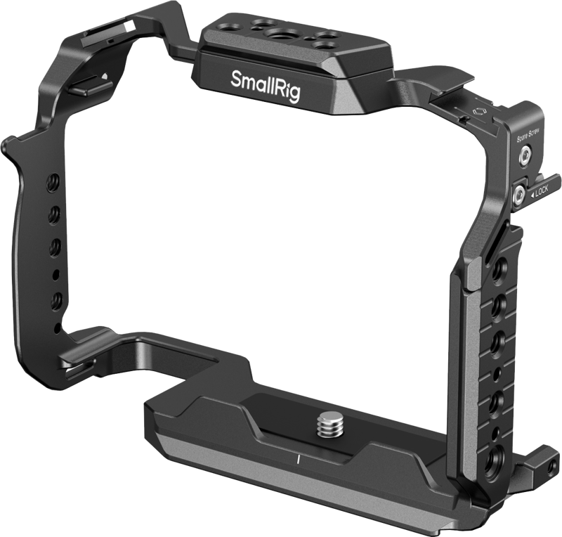 The SmallRig 4902 Cage for Panasonic LUMIX S1R II / S5 II / S5 IIX / G9 II is a metal cage with multiple mounting holes and plates, providing secure camera support and versatile accessory mounting points.
