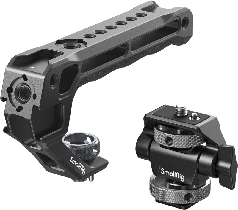 SmallRig 5322 Top Handle Kit with Monitor Support Kit includes a black metal handle with multiple mounting holes, an attached screw knob and a separate adjustable cold shoe mount, all with the SmallRig logo.