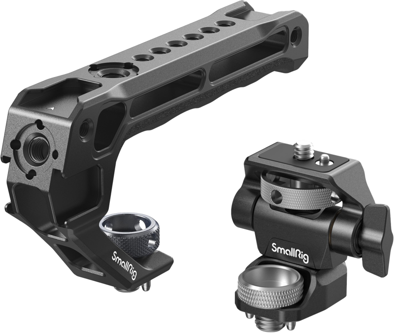 SmallRig 5323 Top Handle kit with Monitor Support Kit sisältää mustan metallikahvan, jossa on useita kiinnitysreikiä, lukitusnuppi ja sopiva lisävarustekiinnike, jossa on säätönupit.
