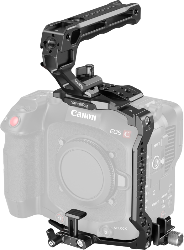 The Canon EOS C features the SmallRig 5136 Cage Kit for Canon EOS C80 in black metal with a top handle for added protection and versatile accessory mounting. The camera's faded body highlights the cage kit and handle.