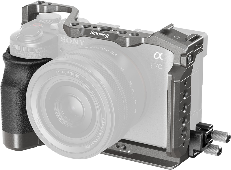 Sony A 7C II / 7CR camera with SmallRig 5198 HawkLock Quick Release Cage Kit with multiple mounting points and additional protection. The semi-transparent lens accentuates the cage design.