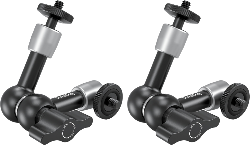 SmallRig 5316 Magic Arm Support Kit 5,5" sisältää kaksi säädettävää mustaa ja hopeaa nivellettyä metallivartta, joissa on lukitusnupit kameroiden tai lisävarusteiden kiinnittämistä varten valkoista taustaa vasten.