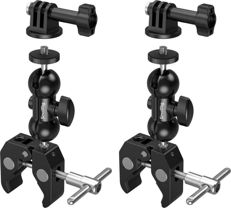 Two identical SmallRig 5321 Crab-Shaped Clamp Kit with adjustable arms and GoPro adapters are displayed side by side on a white background, with screw handles and ball joints for versatile positioning.