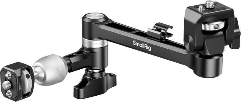 SmallRig 5141 Magic Arm Support on musta ja hopeinen säädettävä kameran kiinnitysvarsi, jossa on useita niveliä, kiinnittimiä ja kiinnityspisteitä lisävarusteiden kiinnittämiseen kamerarigiin.