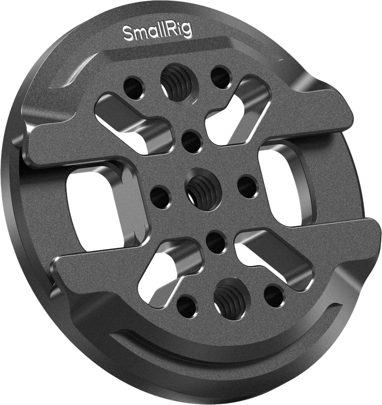SMALLRIG 5155 -kiinnityslevy puhelimille on pyöreä musta metallilevy, jossa on useita kierrereikiä ja aukkoja puhelimen lisävarusteiden kiinnittämistä varten.