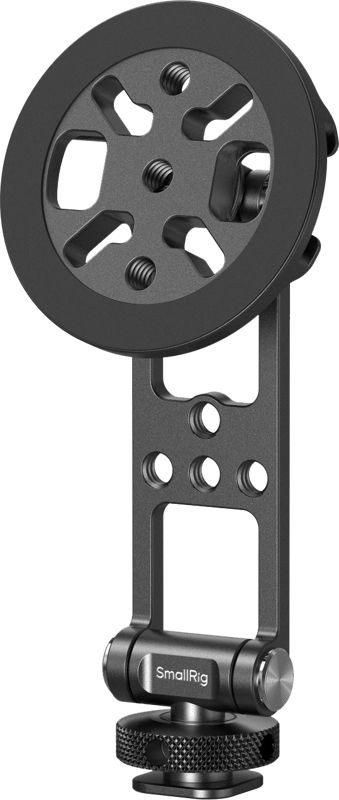 Musta metallinen SMALLRIG 5156 Support with Cold Shoe Mount puhelimille, jossa on pyöreä asennuslevy, säädettävä varsi, useita ruuvinreikiä ja kuvioitu kiristysnuppi pohjassa.