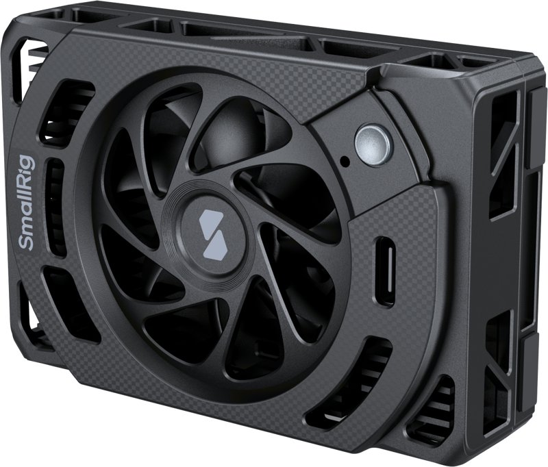 The SmallRig 5152 cooling fan for Sony Selected cameras is a black unit with a circular fan blade, vented sides, power button and USB-C port for efficient camera heat extraction.