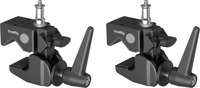 SmallRig 5318 Crab-Shaped Clamp Kit sisältää kaksi mustaa metallista puristinta, joissa on säädettävät vivut ja kiinnitysruuvit ja jotka on esitetty vierekkäin vaalealla pohjalla.