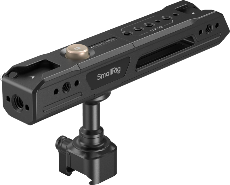 The SmallRig 4152 Rotating Top Handle with NATO Clamp is a black metal camera handle with multiple mounting holes and a NATO clamp at the bottom, designed for use with camera rigs and accessories.