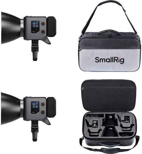SMALLRIG 5415 RC 220B PRO COMBO LED-videovalaisinsarja näkyy sivulta, jossa on ohjauspainikkeet ja näyttö sekä avoimet ja suljetut SmallRig-kantolaukut, joissa on vaahtomuovileikkaukset objektiivin osien järjestettyä säilytystä varten.
