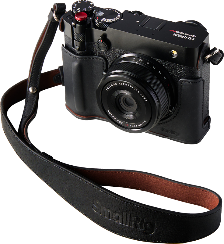FUJIFILM GFX100RF digital camera in a black SmallRig 5267 leather case set with matching leather strap, Fujinon lens and visible top controls.