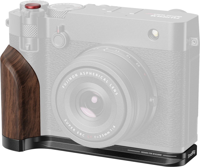 SmallRig 5266 L-shaped mounting plate with wooden grip FUJIFILM GFX100RF Black is pictured attached to a Fujifilm camera, highlighting its left-hand wooden grip for improved grip and comfort when shooting handheld.